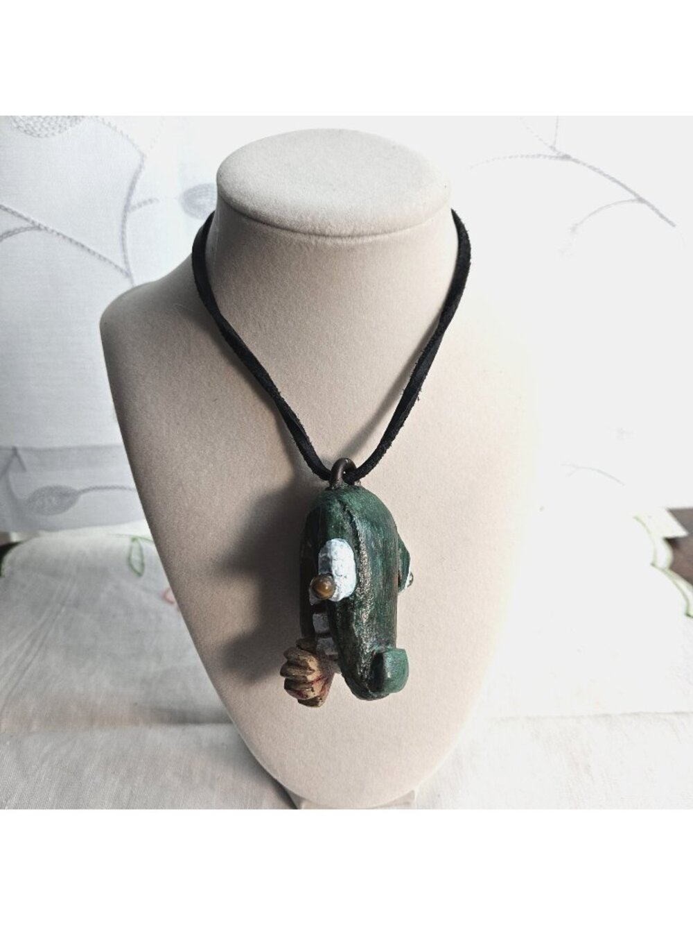 Wood Carved Alligator Crocodile Necklace Leather Strap Adjustable 16" Artisan